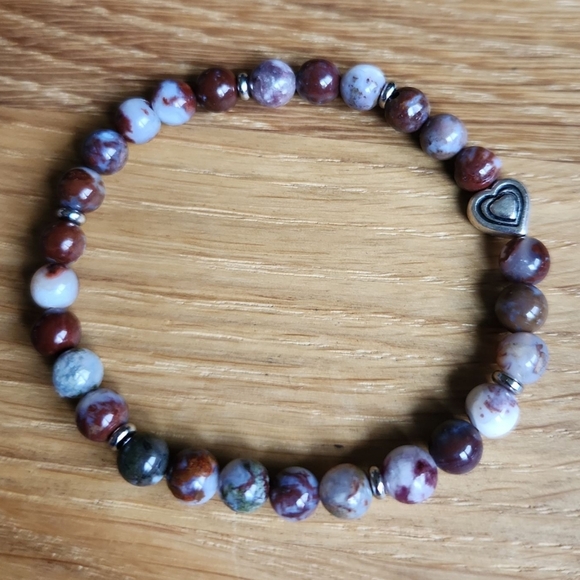Blood Crazy Lace Agate Bead Hand Crafted Stretch Bracelet - Picture 2 of 11